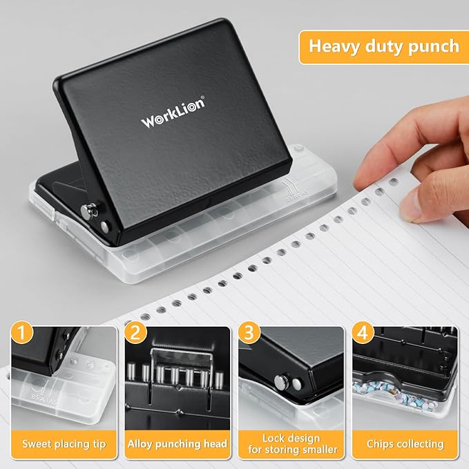 Binding Machine for Planner： WORKLION Metal 10 Hole Punch&Multi Color 30 Hole Loose Leaf Binder Rings(10 pcs) for Making 26 Holes on B5 Paper, 30 Holes on A4, 20 Holes on A5 Book, Black-DeskLoop Office