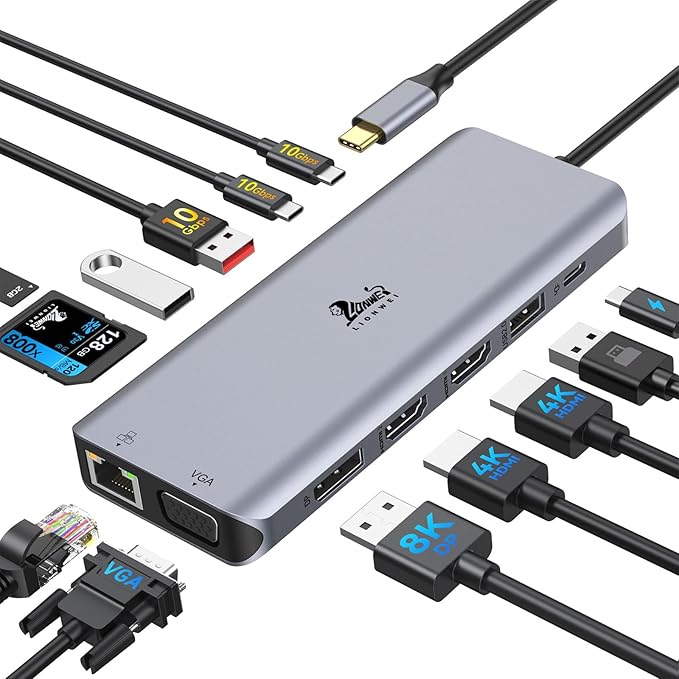 Laptop Docking Station 4 Monitors, Dual HDMI+8K DP+VGA, 10Gbps, 100W PD, 6 USB C/A Ports, Ethernet, SD/TF, LIONWEI 13 in 1 USB C Hub for MacBook/Dell/HP/Surface-DeskLoop Office