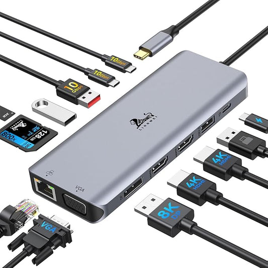 Laptop Docking Station 4 Monitors, Dual HDMI+8K DP+VGA, 10Gbps, 100W PD, 6 USB C/A Ports, Ethernet, SD/TF, LIONWEI 13 in 1 USB C Hub for MacBook/Dell/HP/Surface-DeskLoop Office