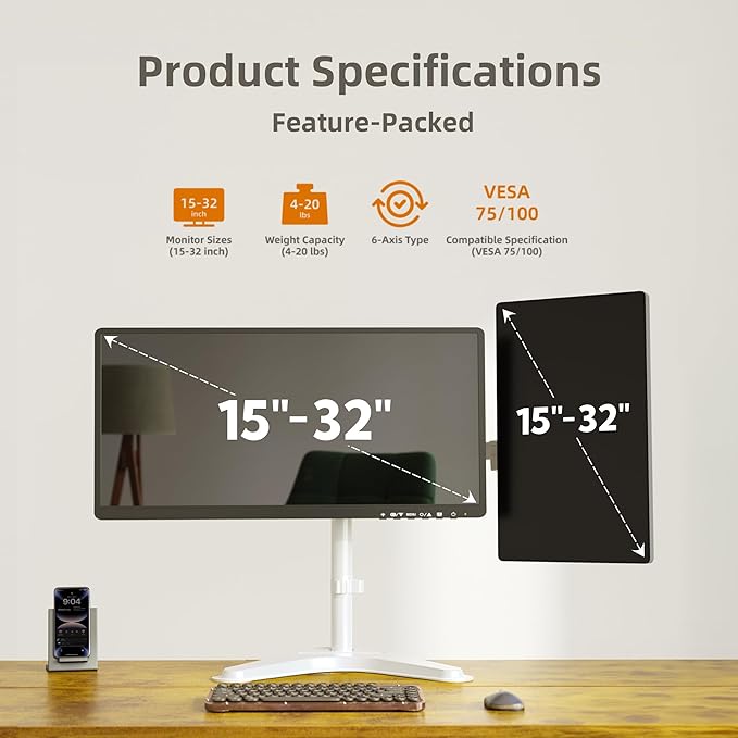 Claiks Dual Monitor Mount, Ergonomic Adjustable Monitor Arm for Max 32 inch Screens, Adjustable Computer Monitor Stand up to 40 lbs, VESA Mounting Holes 75&100mm, White-DeskLoop Office