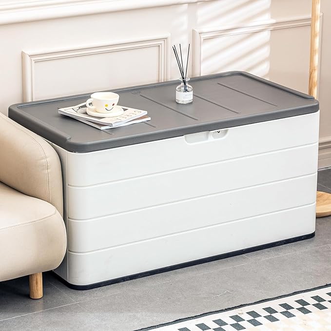 100 Gallon Plus Resin Deck Box, Waterproof Outdoor Storage Bin for Patio Furniture, Pool Accessories, and Garden Tools, Lockable & UV-Resistant, White-DeskLoop Office