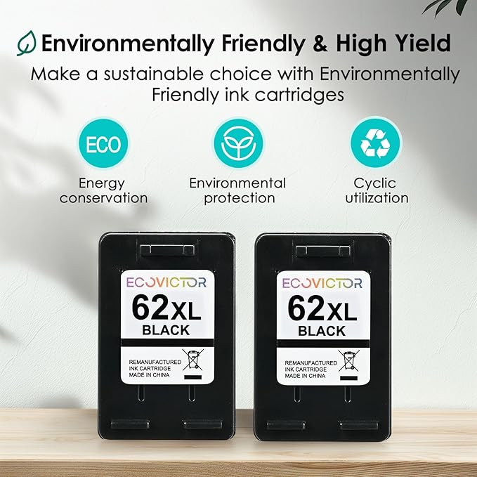 EcoVictor Remanufactured 62XL Ink Cartridges (2 Black) Compatible for HP Ink 62 62XL HP62 for Envy 5540 5542 5545 5640 5642 5660 5665 7640 7645 OfficeJet 5740 5742 5745 8000 8040 200 250 Printer 62 XL-DeskLoop Office