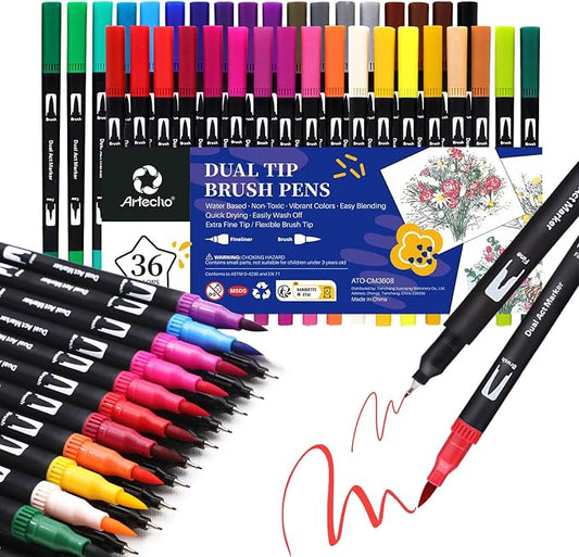Artecho 36 Colors Markers for Adult Coloring Books, Dual Tip Markers for School by Artecho
