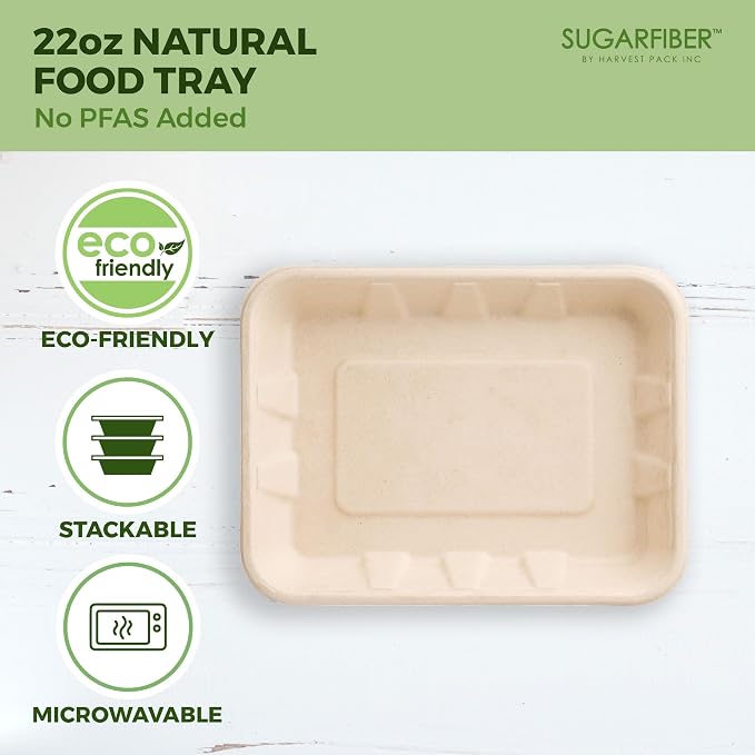 Harvest Pack 22 oz Compostable Food Trays, 8.49" x 6.45" x 1.3" Disposable PFAS - Image 4