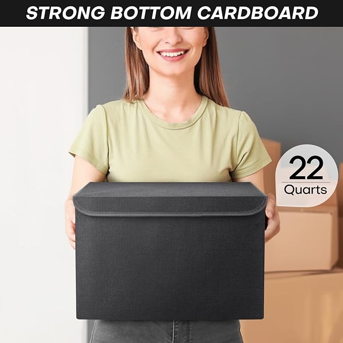 Large 22 Quart Linen Fabric Foldable Storage Bin Cube Organizer Basket with Flip-Top Lid & Handles, Clothes Blanket Box for Home, Office, Closet, Black, 4 Pack 14.6 x 9.5 x 9.5”-DeskLoop Office