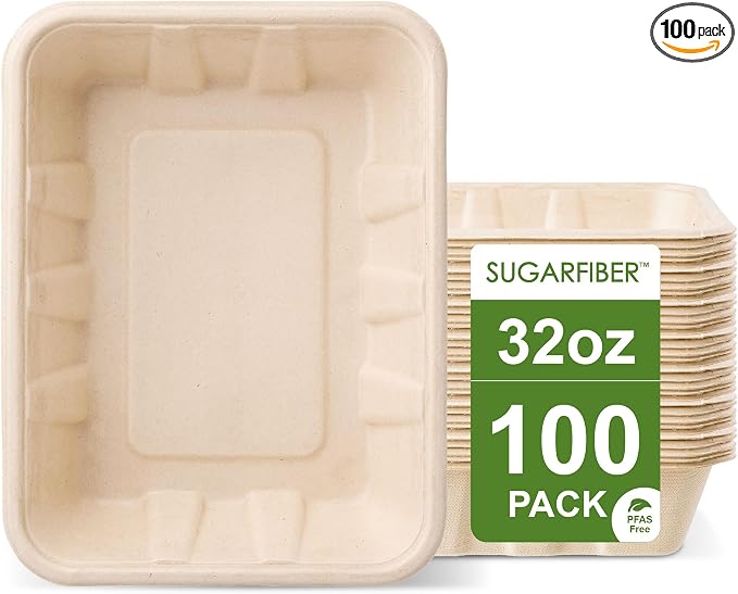 Harvest Pack 32 oz Compostable Food Trays, 8.49" x 6.45" x 1.86" Disposable by HarvestPackGOURMETSHOWCASE