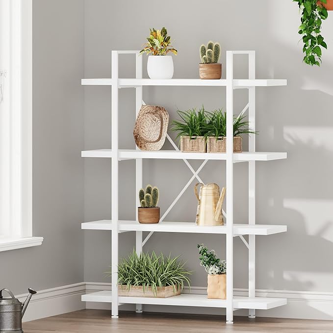 HSH 4 Tier White Bookshelf, Modern 4 Shelf Etagere Bookcase, Industrial Wood and Metal Storage Shelves and Display Book Rack, Farmhouse Open Wide Book Shelf for Bedroom Living Room Office, White Oak-DeskLoop Office
