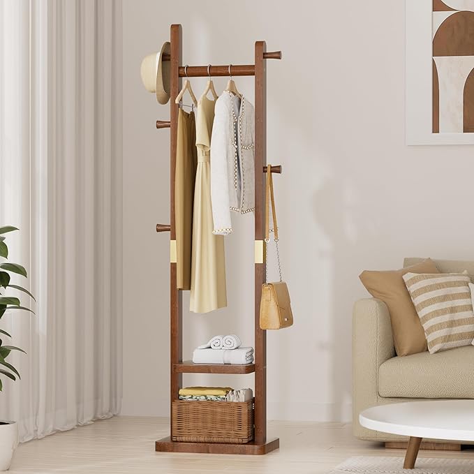 Solid Wood Coat Rack, Coat Rack Freestanding with 2 Shelves and 5 Hooks, Heavy Duty Coat Tree for Entryway，Living room，Coat Hanger Stand for Hats, Bags (Walnut Brown)-DeskLoop Office