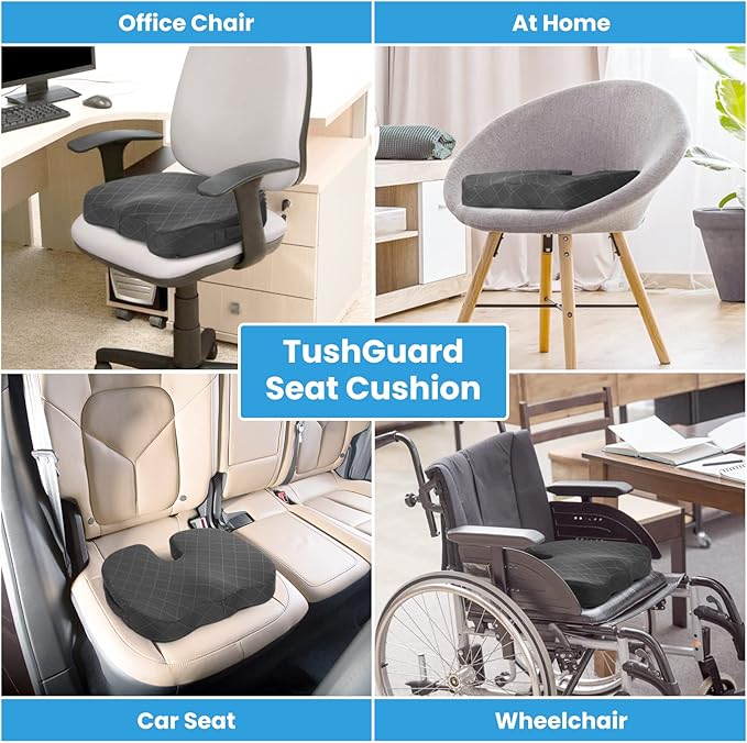 TushGuard Seat Cushion - Memory Foam Cushion for Office Chair, Car Seat, Airplane, Bleacher - Sciatica & Hip & Coccyx Pain Relief Cushions for Long Sitting Office Workers, Car Drivers (Grey, X-Large)-DeskLoop Office