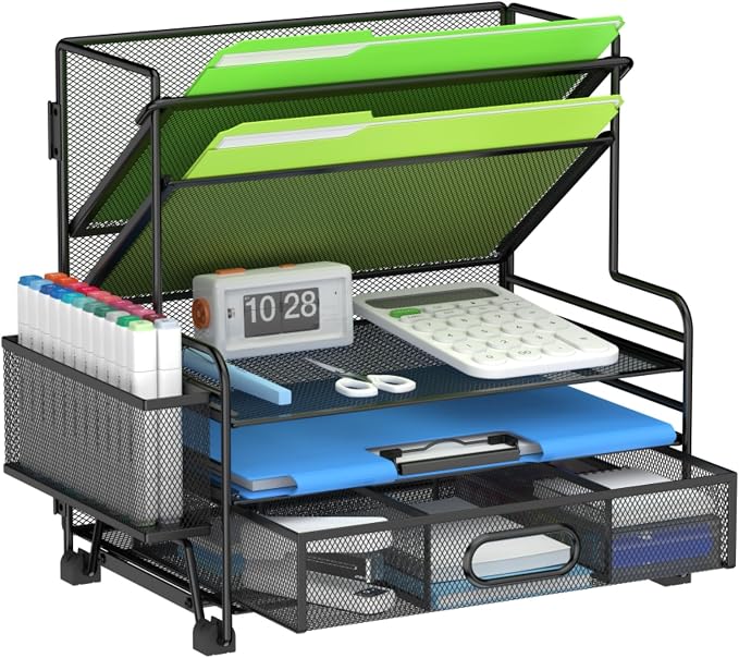 MINDEPOT 4-Tier Paper Organizer + 3-Pocket File Holder, Desktop File Organizers by MINDEPOT