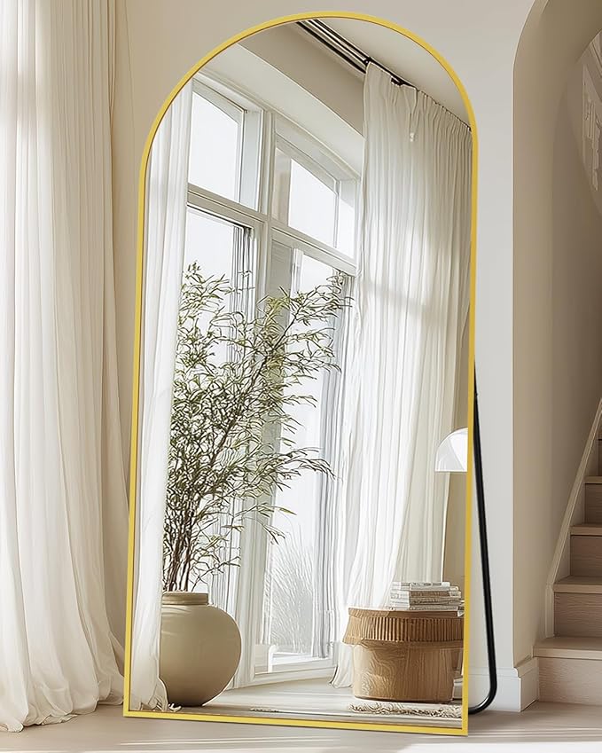 Full-Length Floor Mirror with Stand, 76"x34" Arched Style Full Body Standing Mirror for Bedroom, Living Room, Gym, Dorm - Shatter-Resistant & Easy Assembly, Gold-DeskLoop Office