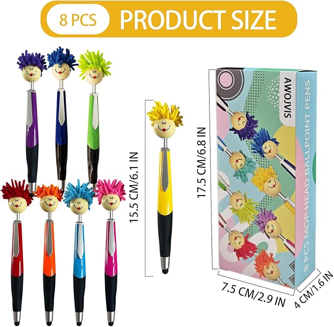 8pcs Mop Head Ballpoint Pens, Funny Mophea Topper Pen with Plush Hair Writing Click Pen Portable Cute Cartoon Multi-function Signing Pens Decor Gift for Office Home Kids and Adultes 8-color outfit-DeskLoop Office