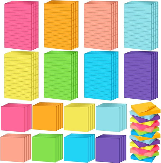 Yexiya 64 Pcs Lined Sticky Notes Self Stick Notes with Lines Bright Assorted Colors Sticky Pad for Home Office Products Post Memos, 1920 Sheets(4 x 6 Inch, 3 x 3 Inch,Stylish Color)-DeskLoop Office