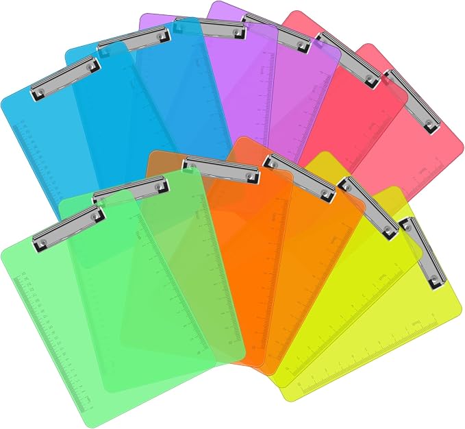 Plastic Clipboards, PANDRI 12 Pack Clear Colored Clipboards, Low Profile Clip by PANDRI