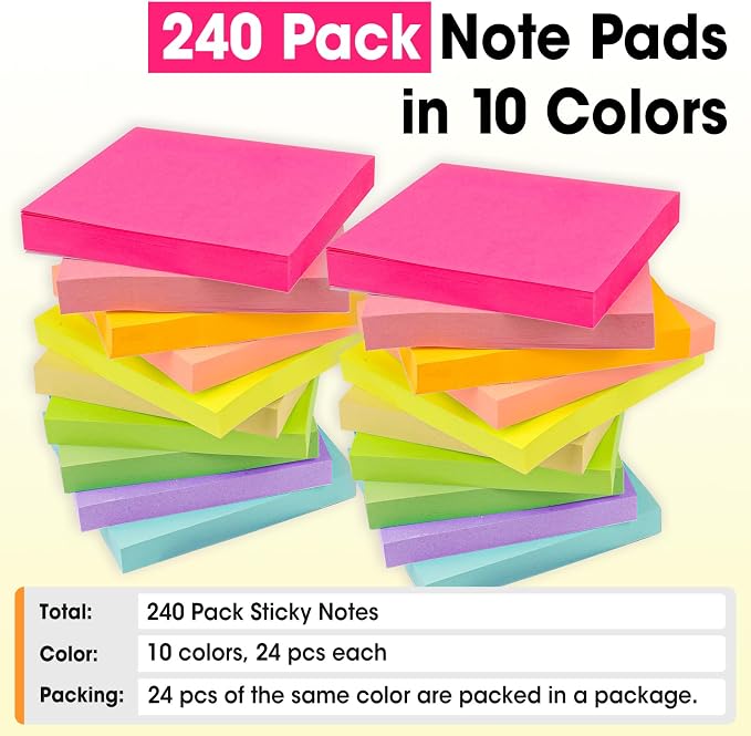 240 Pads Sticky Notes 3x3, Self-Stick Pads Bulk Bright Colors, School Supplies - Image 5