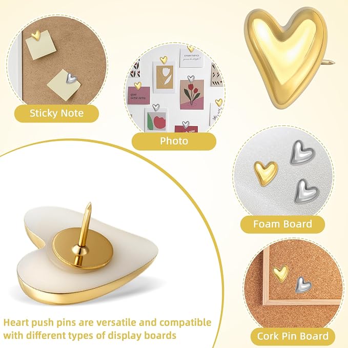 60Pcs Cute Decorative Push Pins Gold Silver Heart Thumb Tacks Pins - Image 5