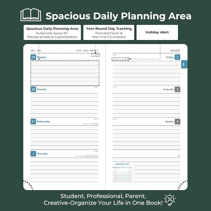 IN-LUXPRO Planner 2026 Daily Weekly and Monthly, 6.5"x3.75", 12 Months Spiral - Image 3