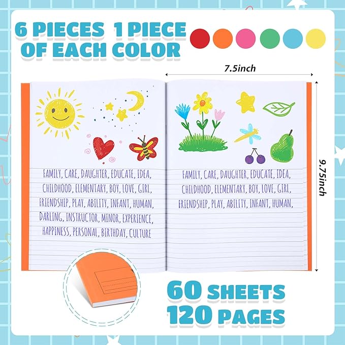 Henoyso 6 Pcs 120 Pages Primary Composition Notebooks K-2 9 3/4 x 7 1/2 Inch Journals Primary Journals Blank Books for Kids to Write Stories Kindergarten (Colorful)-DeskLoop Office