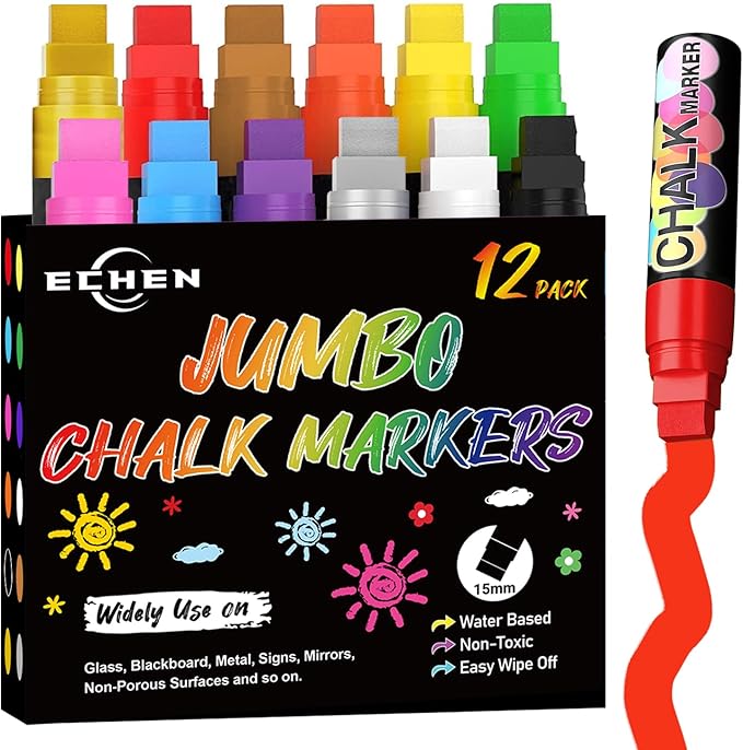 12 Colors Washable Window Markers for Cars, 15mm Jumbo Liquid Chalk Markers, 3 in 1 Nib, Metallic & Neon Paint Glass Pen for Auto, Chalkboard, Blackboard, Bistro, Menus and Any Non-Porous Surface-DeskLoop Office