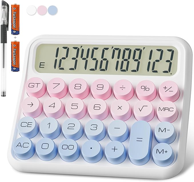 Mechanical Calculator 12 Digit Extra Large 5-Inch LCD Display, DECKLIT Battery Desk Calculator, Big Buttons Easy to Press Office Calculators Desktop, 15°Tilt Screen for Kids Calculator(Blue&Pink)-DeskLoop Office