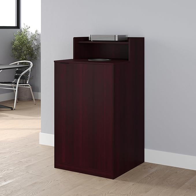 Flash Furniture Dell Trash Can Enclosure with Tray Shelf and 8" Drop Hole, Commercial Grade Trash Receptacle for 32 Gallon Round Cans, Swing Door Access, Mahogany-DeskLoop Office