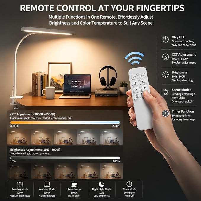 LED Desk Lamp with clamp, Remote Control Desk Lamp, 5 Color Modes & 10 - Image 2