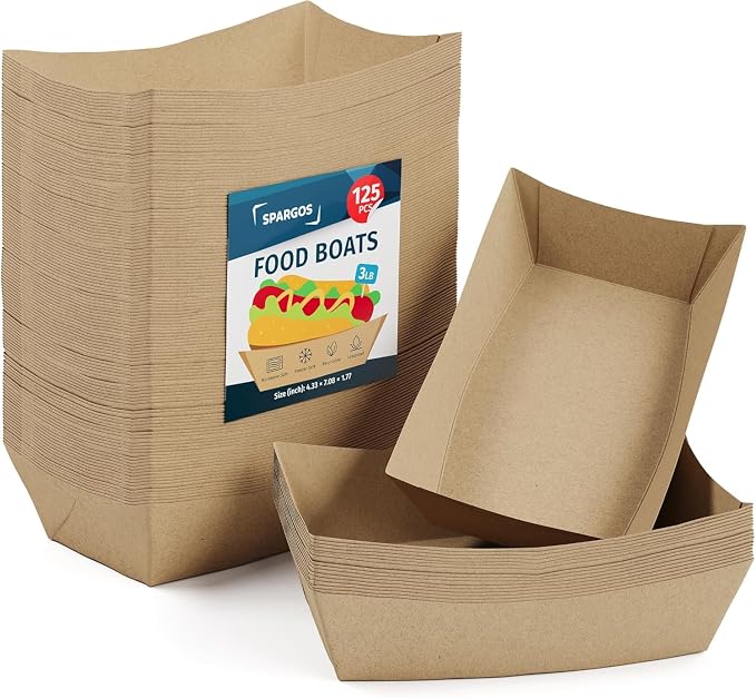 SPARGOS Kraft Paper Food Boats 3lb – Rustic Brown Disposable Serving Trays by Spargos