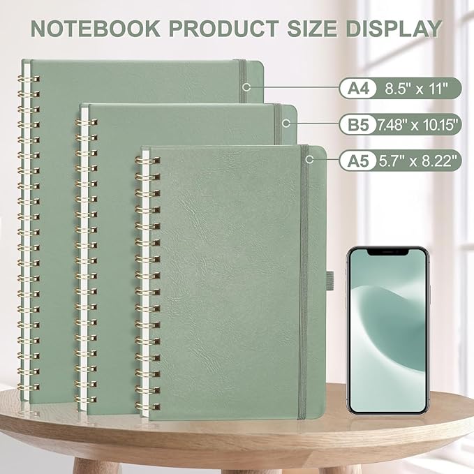 AHGXG Lined Spiral Journal Notebook for Women Men, 8.5" x 11", A4 Large, College Ruled, Hardcover Leather, 100 GSM Paper, Notebooks for Work School Note Taking Writing, Sage Green