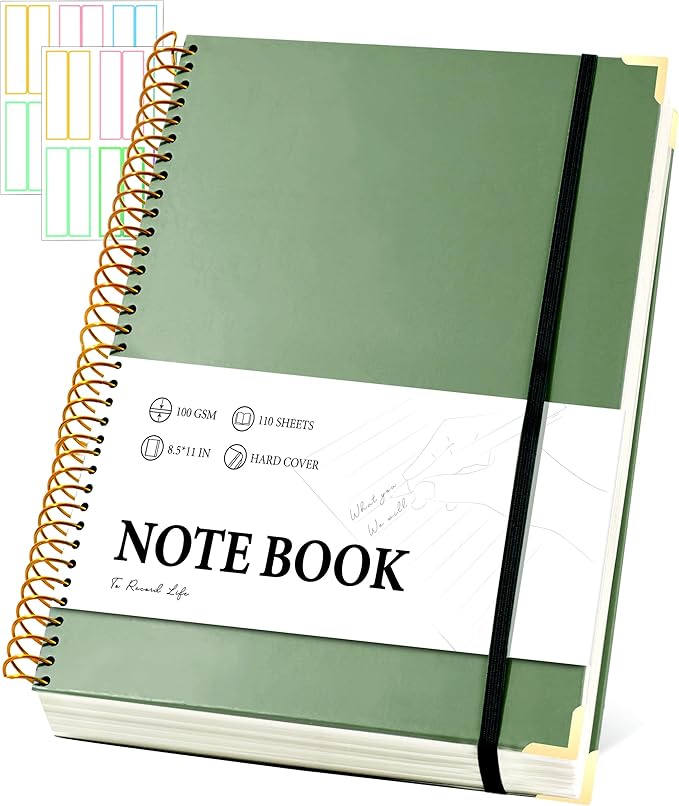 Large Spiral Notebook College Ruled with Tab Stickers A4 Notebooks for School Supplies Hardcover Spiral Notebook 8.5 x 11 Journal Note Book for Work Note Taking Women Men Writing, 220 Pages, Green-DeskLoop Office