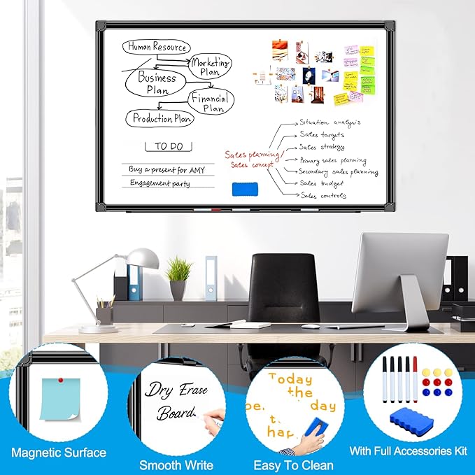 H-Qprobd 36"x24" White Board for Wall Double-Sided Magnetic Dry Erase Board with Black Aluminum Frame, Presentation Whiteboard Suitable for Home, Office, Classroom & Kitchen-DeskLoop Office