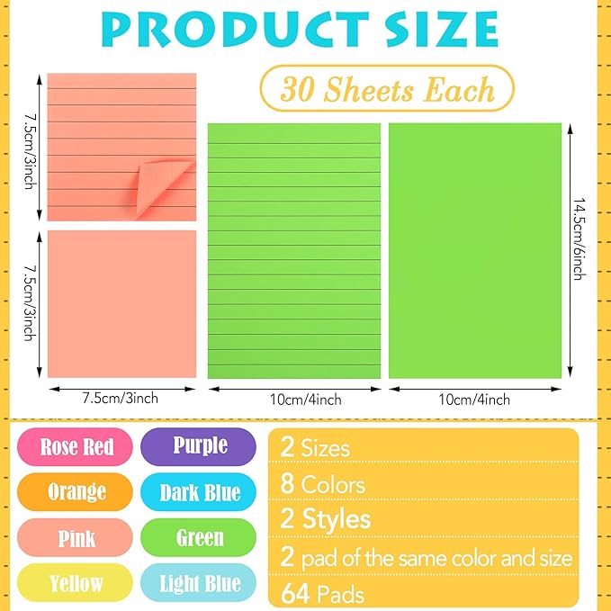 Yexiya 64 Pcs Lined Sticky Notes Self Stick Notes with Lines Bright Assorted Colors Sticky Pad for Home Office Products Post Memos, 1920 Sheets(4 x 6 Inch, 3 x 3 Inch,Multi Color)-DeskLoop Office
