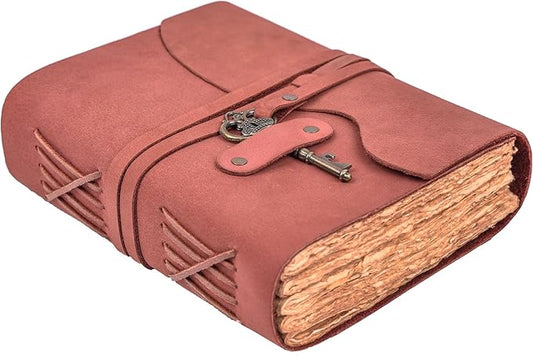 LEATHER VILLAGE Vintage Leather Journal – 200 Handmade Vintage Deckle Edge Paper – Leather bound Journal For Women Men – Vintage Key Closure - Book of Shadows - 13X7 inches - Fuchsia