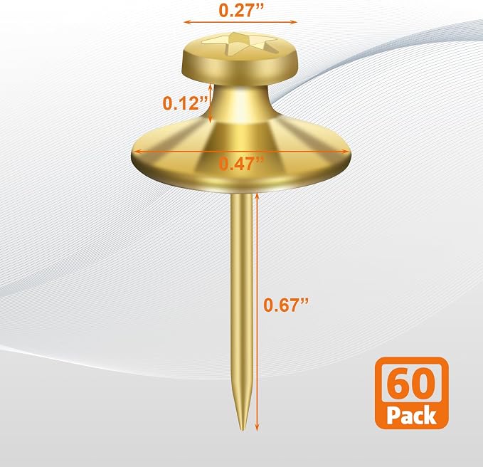 KURUI 60-Pack Metal Push Pins for Wall Hanging Decor, Renter Friendly Hooks for - Image 5