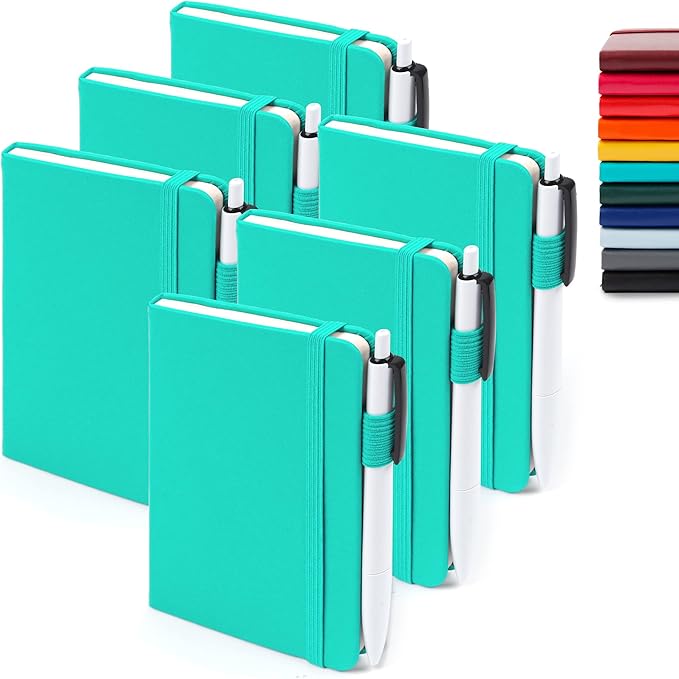 feela 6 Pack Pocket Small Notebooks Bulk, Mini Cute Memo Notepads Hardcover College Ruled Lined Journals with Pen Holder for Women Girls Office School, with 6 Black Pens, 3.5”x 5.5”, A6, Aqua-DeskLoop Office