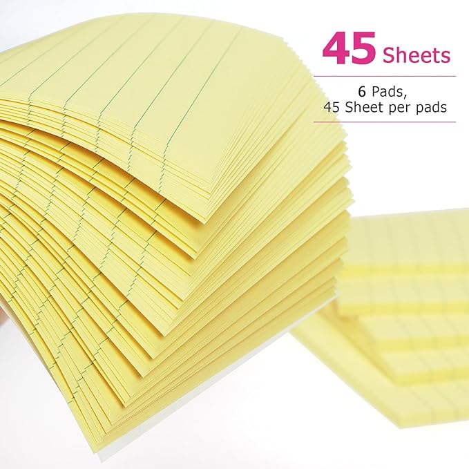 Early Buy 6 Pads Lined Sticky Notes with Lines 4x6 Self-Stick Notes Bright Color Sticky Notes, 45 Sheets/Pad (Yellow)-DeskLoop Office