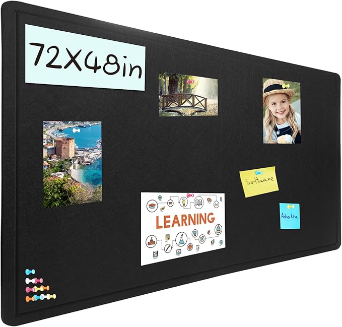 Large Bulletin Board - 72 X 48 inches Cork Board with 30 Pushpin, 6' x 4' Felt Cork Board Notice Pin Board, Self-Adhesive Vision Board Mood Board Foldable Photo Board for Wall (Black)-DeskLoop Office