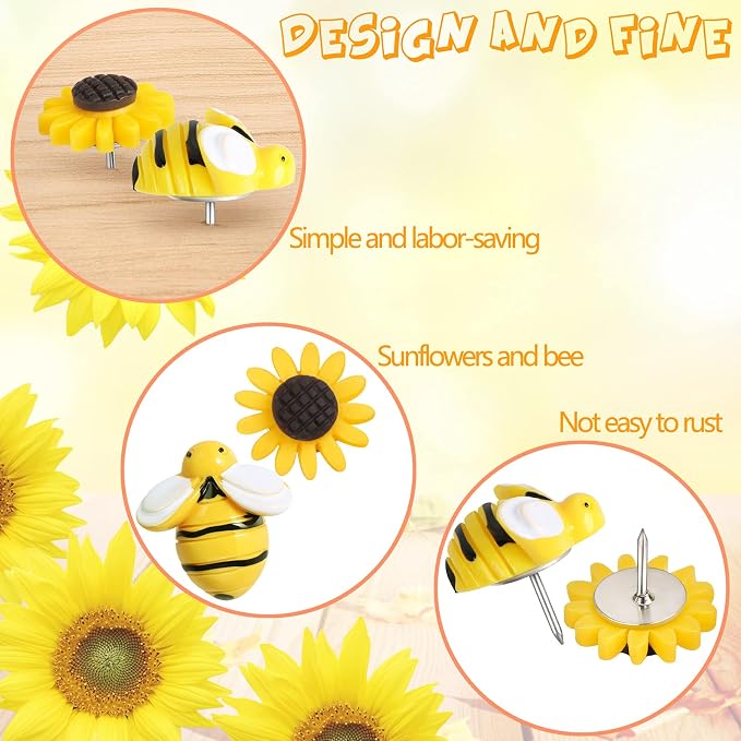 Sunflower Bee Push Pins, Thumb Tacks Decorative Push Pins Cork Board Pins - Image 3