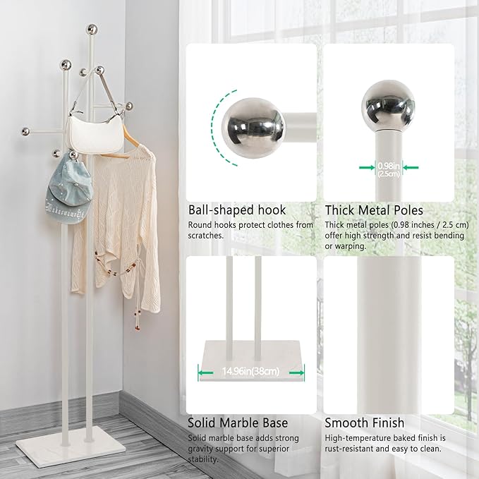 Free Standing Coat Rack with Marble Base & 8 Steel Hooks Clothes Rack for Entryway Bedroom Living Room Hotel 14.96 x 10.24 x 68.9 Inches (White)-DeskLoop Office