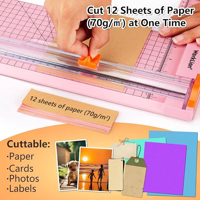 WORKLION Straight Paper Cutter For crafting – Pink 12 Inch Paper Trimmer With Security Safeguard and Side Ruler, Perfect for Cardstock, Coupon,Photos and Crafting Paper.-DeskLoop Office