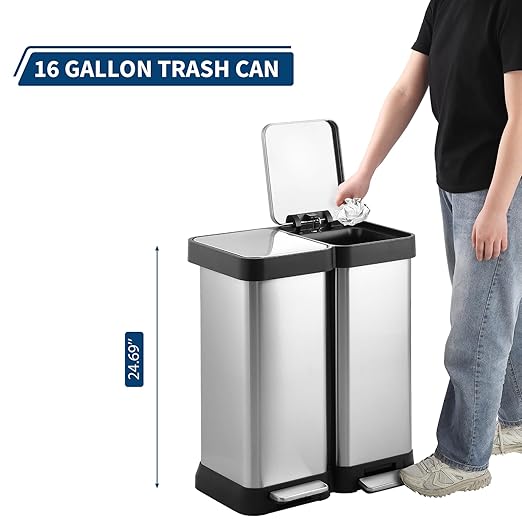16 Gallon Dual Compartment Trash & Recycling Bin - Soft Close Lid Kitchen Garbage Can, Stainless Steel Step Pedal, Space Saving Design for Home/Office (60L 2x30L, No Inner Bucket)-DeskLoop Office