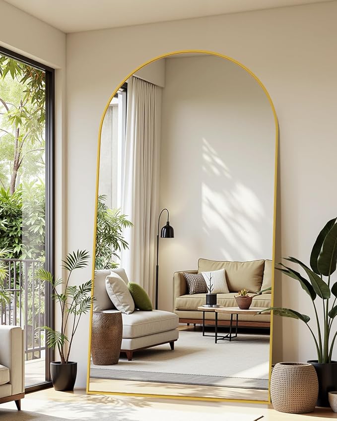 Full Length Mirror, 86"x46" Oversized Floor Mirror Freestanding, Full Body Mirror Floor Standing Mirrors with Stand, Hanging Mounted Mirrors for Bedroom Living Room, Gold, Arched Style-DeskLoop Office