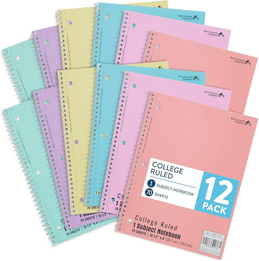 Blue Summit Pastel Spiral Notebook College Ruled, One Subject School Notebooks Spiral, Perforated Notebooks Bulk, 8 x 10.5 School Book, Paper, College Ruled, 12 Pack-DeskLoop Office