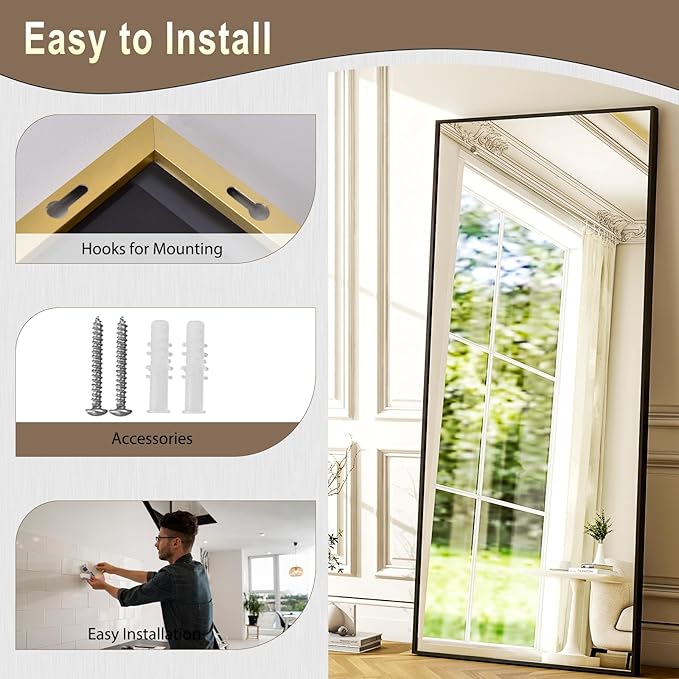GLSLAND 68" x 24" Full Length Mirror - Rectangle Floor Mirrors Aluminum Alloy Frame Full Body Mirror for Bedroom, Living Room, Cloak Room,Black-DeskLoop Office
