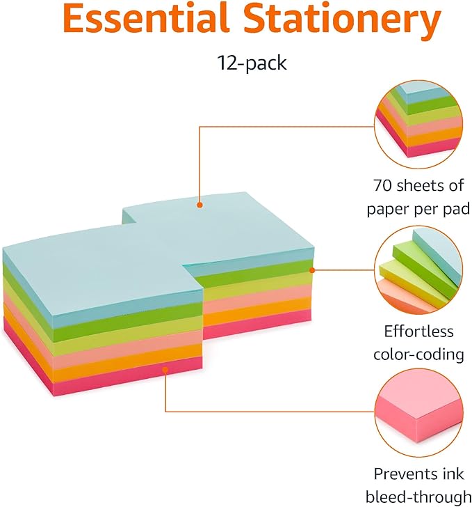 Amazon Basics Sticky Notes, 3x3 Inches, Assorted Colors Self-Stick Pads, Easy to Post for Home, Office, Notebook, 70 sheets/Pad, Pack of 12-DeskLoop Office