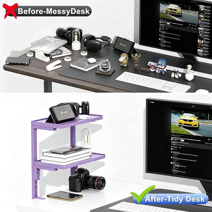 2-Tier Desk Shelf, Expandable Under Desk Storage, Clamp on Desk Shelf, Desktop - Image 3
