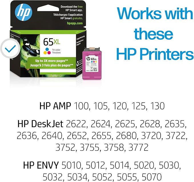 HP 65XL Tri-color High-yield Ink Cartridge for HP Printers | Works with Printer Series: AMP 100, DeskJet 2600, 3700; ENVY 5000 | Eligible for Instant Ink | N9K03AN-DeskLoop Office