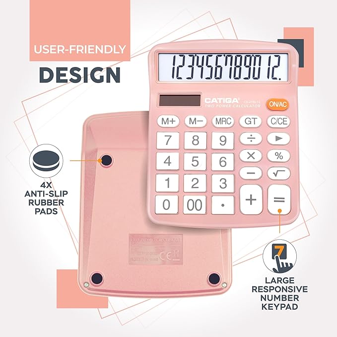CATIGA 12 Digits Desktop Calculator with Large LCD Display and Sensitive Button, Dual Solar Power and Battery, Standard Function for Office, Home, School, CD-2786(Light Pink)-DeskLoop Office