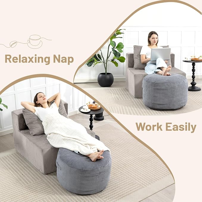 Round Stuffed Pouf Ottoman, Corduroy Foot Rest - Image 4