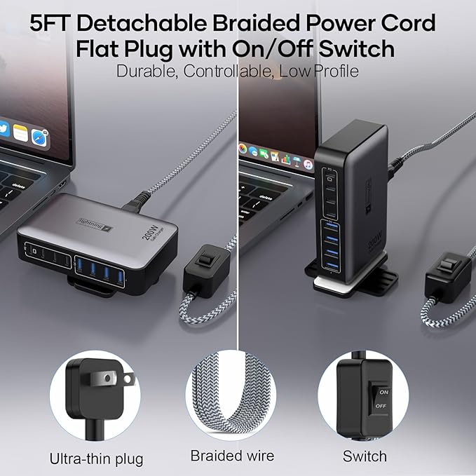 USB C Fast Charger Block 200W, 8 Ports Charging Station for iPhone/Ipad/MacBook, 4C4A GaN Charger Box, Flat Plug Multi Chargers for All Devices 5ft Braided Power Cord with On/Off Switch-DeskLoop Office