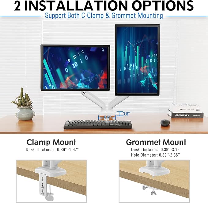 MOUNTUP Dual Monitor Stand for Desk, Pneumatic Monitor Arms for 2 Monitors Max 32 Inches, Height Adjustable Double Monitor Mount, VESA Mounts with C-Clamp & Grommet Base, Holds 4.4-17.6lbs, White-DeskLoop Office